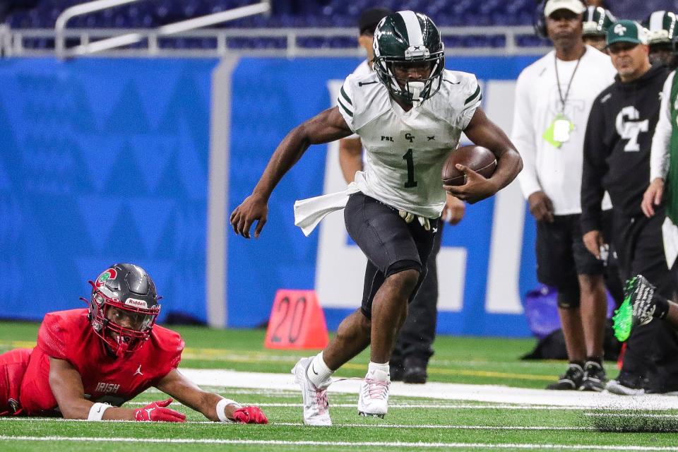 Detroit Cass Tech wide receiver Corey Sadler Jr. runs against Toledo Central Catholic during the second half of CHSL Prep Bowl at Ford Field in Detroit on Saturday, Oct. 21, 2023.