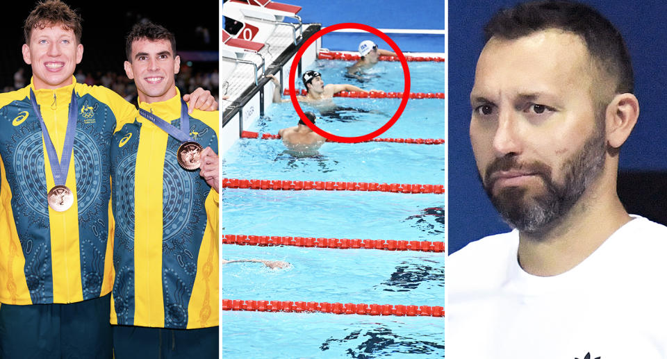 Ian Thorpe alongside Australia's bronze medallists after the men's 4x200m relay.