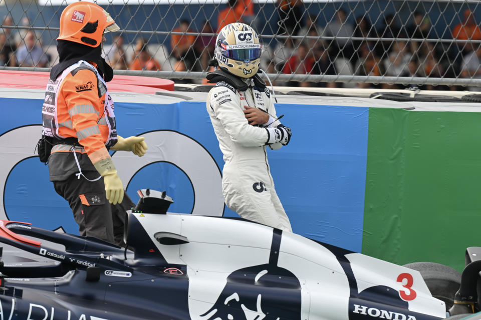 ZANDVOORT, NETHERLANDS - AUGUST 25: Daniel Ricciardo of Australia and Scuderia Alpha Tauri after crashing during Free Practice 2 during practice ahead of the F1 Grand Prix of The Netherlands at Circuit Park Zandvoort on August 25, 2023 in Zandvoort, Netherlands. (Photo by Vince Mignott/MB Media/Getty Images)