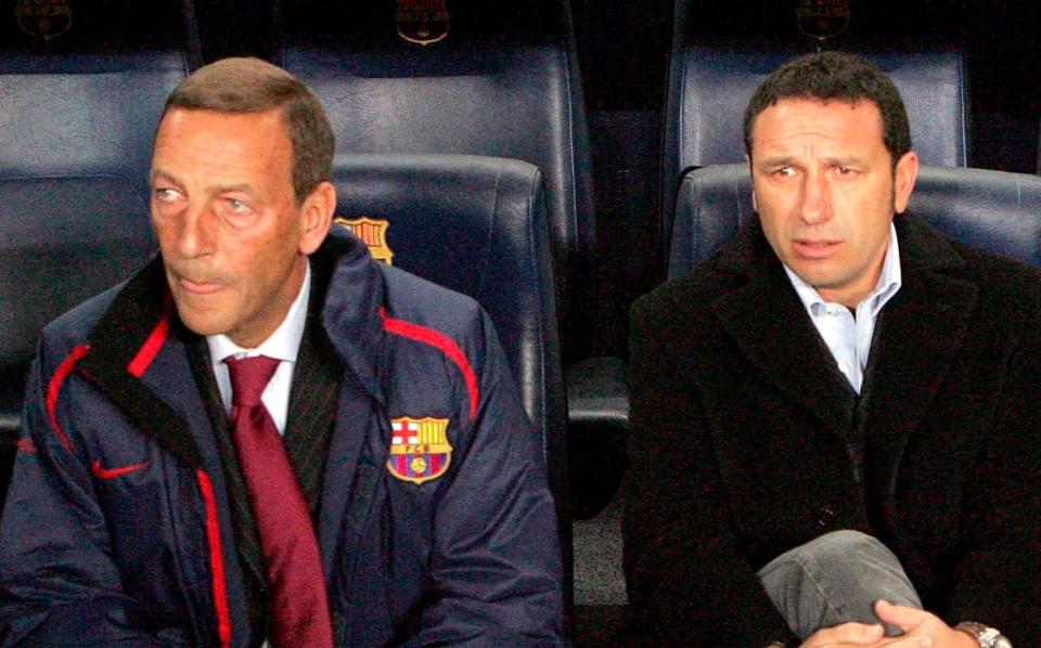 FC Barcelona second coach Johan Neeskens (L) and technical assistant Eusebio Sacristan (R) pictured on the bench prior UEFA Champions League soccer match against Stuttgart in Barcelona, Spain