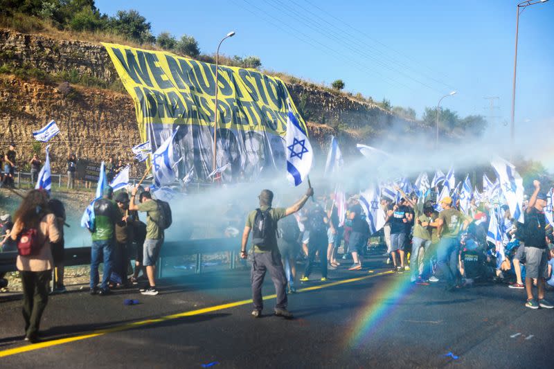 People block a highway to Jerusalem on 'Day of Paralysis' in protest against Israel's judicial overhaul