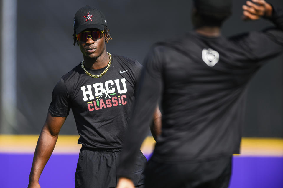 Bethune-Cookman University's Hylan Hall stretches during a workout the day before the HBCU Swingman Classic during the 2023 All Star Week, Thursday, July 6, 2023, in Seattle. (AP Photo/Caean Couto)