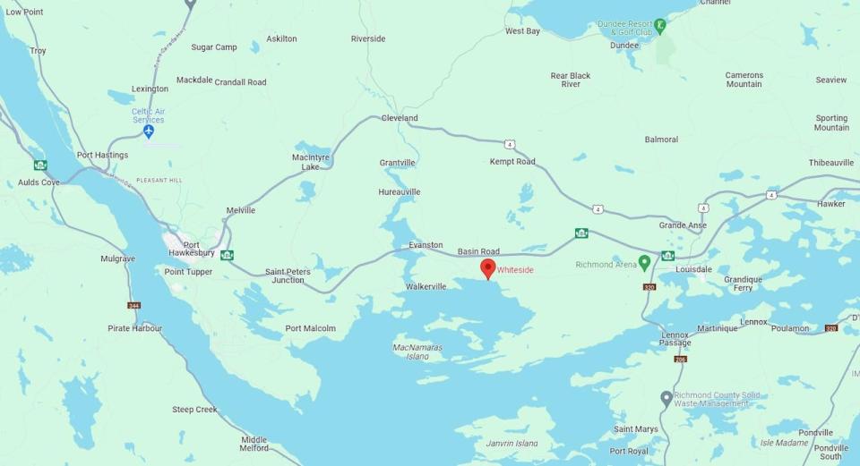 Seven people, including four children, were sent to hospital after a Sunday evening crash on Highway 104 near Whiteside, N.S. about 15 kilometers east of Port Hawksbury, N.S. (Google Maps - image credit)