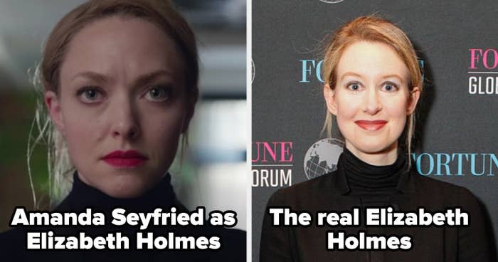 Amanda Seyfried as Elizabeth Holmes and the real Elizabeth Holmes