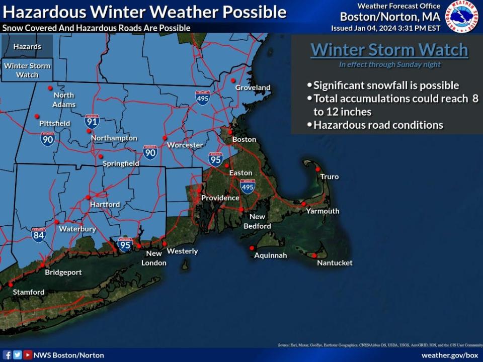 The National Weather Service has issued a Winter Storm Watch for the areas marked in blue.