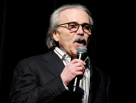 David Pecker, Chairman and CEO of American Media speaks at the Shape and Men's Fitness Super Bowl Party in New York City, U.S., January 31, 2014. REUTERS/Marion Curtis