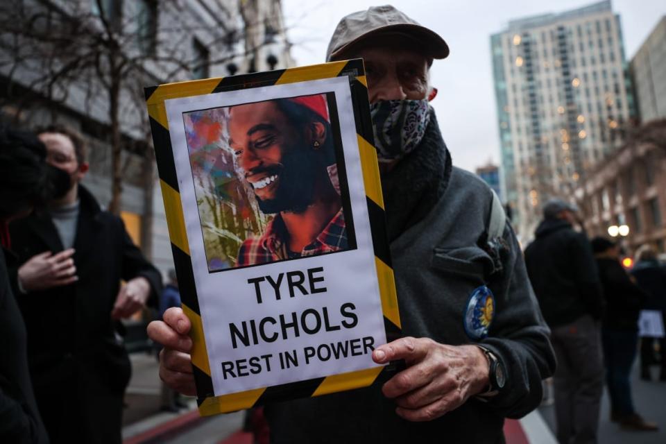 Almost a thousand of people are gathered at the Oscar Grant Plaza and take streets over Tyre Nichols killing by Memphis police, in Oakland, California, United States on January 29, 2023. (Photo by Tayfun Coskun/Anadolu Agency via Getty Images)