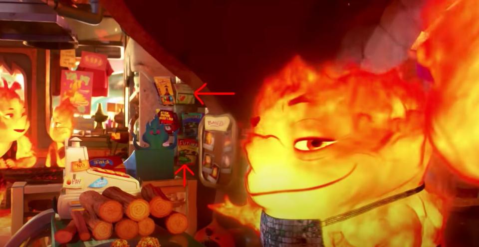 bernie lumen presides over the fireplace shop, including a rack of comic books or magazines with easter eggs to other pixar characters, in a scene from elemental
