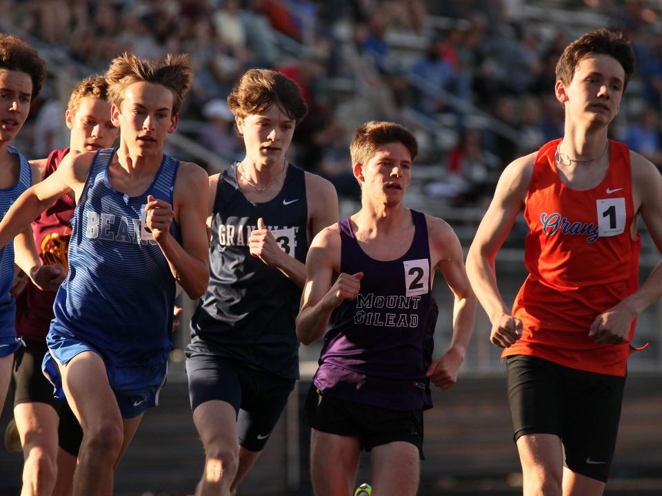 Mount Gilead's Parker Bartlett, 2, runs in the boys 1600 meter at the Granville Invitational over the weekend.