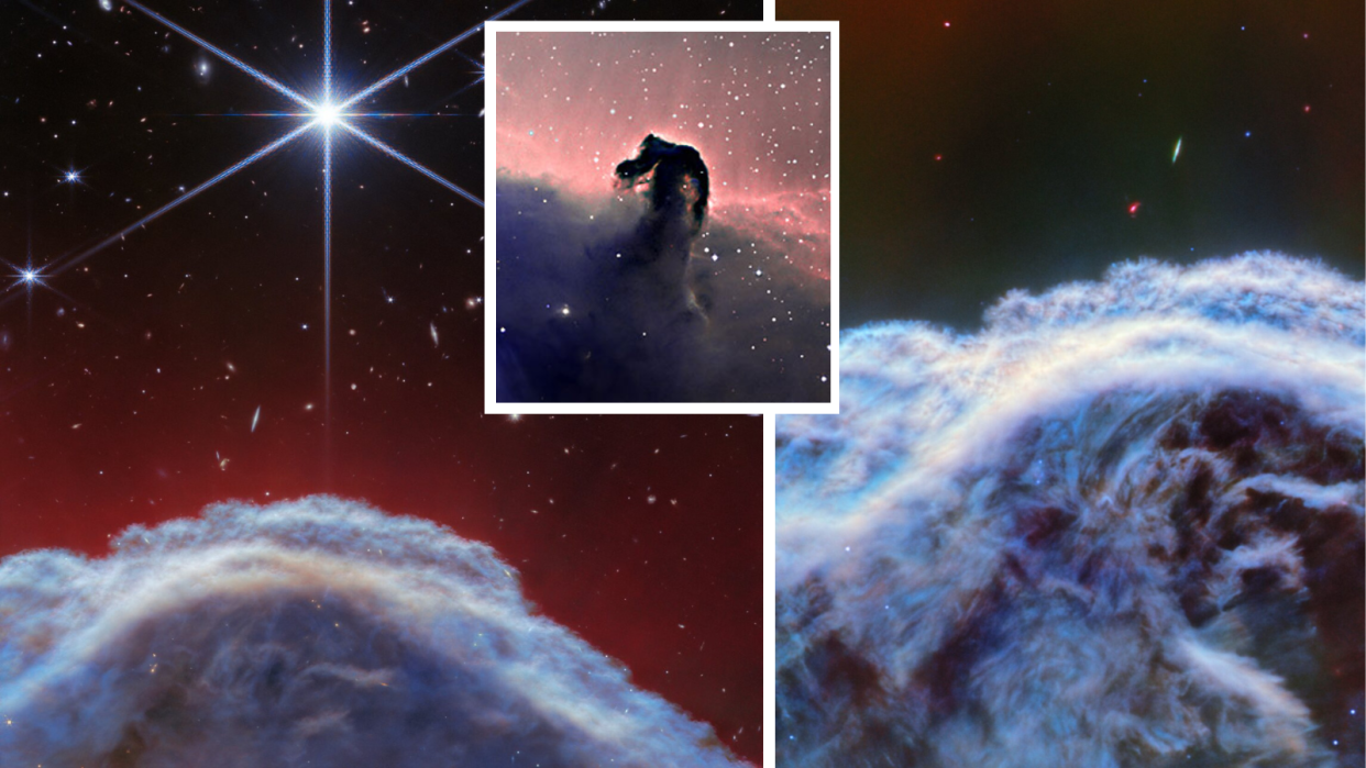  (Left) an image of part of the Horsehead nebula as seen by  the JWST's NIRCam (Near-InfraRed Camera) instrument.(Right) another region visualised by The JWST instrument MIRI (Mid-InfraRed Instrument).(Inset) the entire Horsehead Nebula as seen by Hubble. 