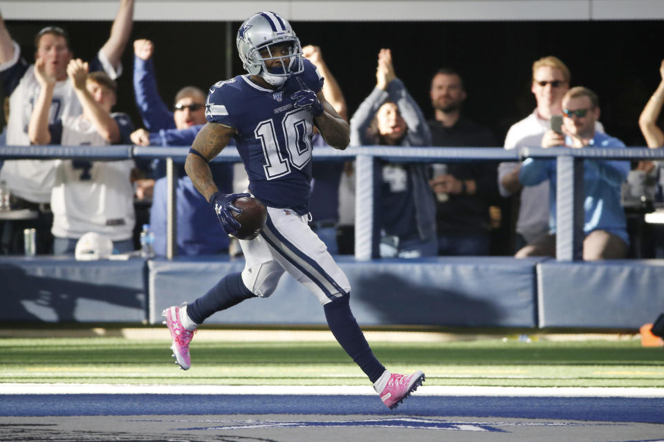 Dallas Cowboys wide receiver Tavon Austin (10) scores a touchdown in the first half of an NFL football game against the Los Angeles Rams in Arlington, Texas, Sunday, Dec. 15, 2019. (AP Photo/Ron Jenkins)
