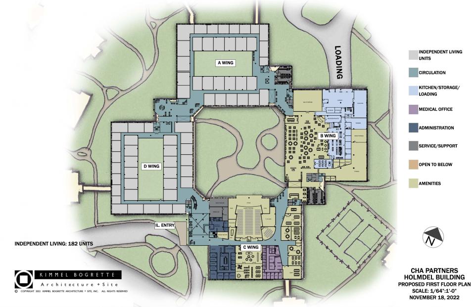 Site plans for a long term care facility by CHA Partners proposed at the former Vonage site.