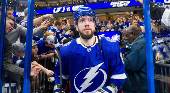 Kucherov was suspended for Game 3 of Tampa Bay's first-round series. (Photo by Scott Audette/NHLI via Getty Images)