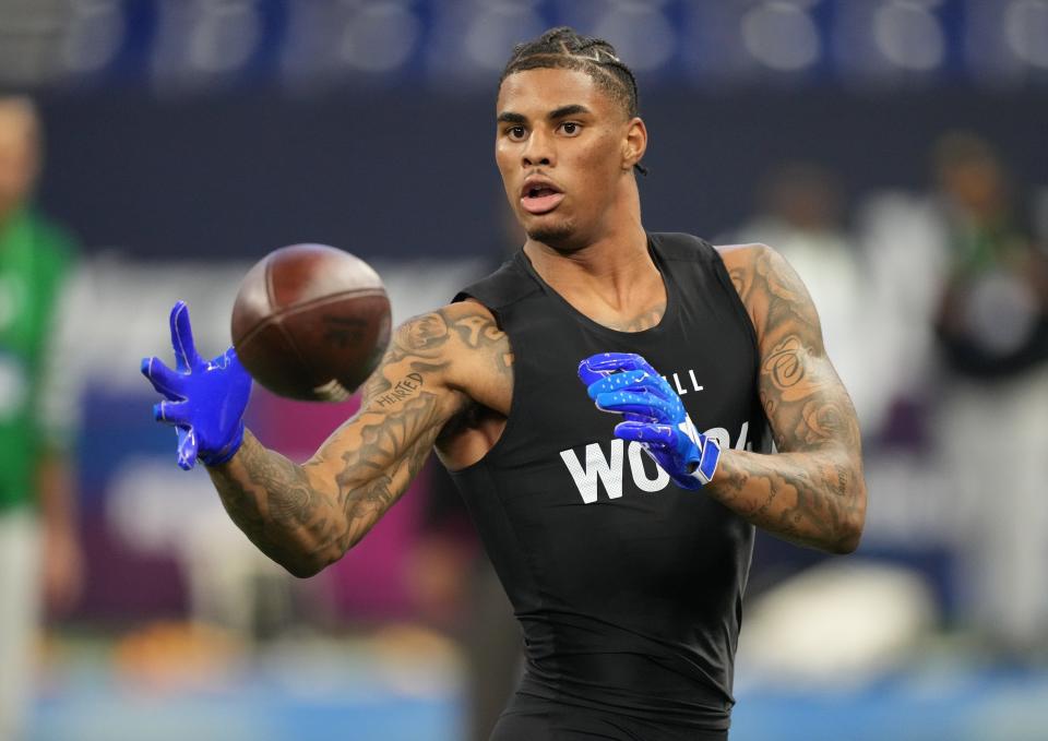 Florida State wide receiver Keon Coleman (WO04) during the 2024 NFL Combine at Lucas Oil Stadium in Indianapolis on March 2, 2024..