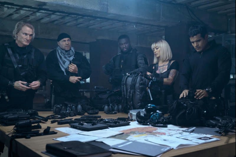 Left to right, Dolph Lundgren, Randy Couture, Curtis "50 Cent" Jackson, Levy Tran and Jacob Scipio star in "Expend4bles." Photo courtesy of Lionsgate