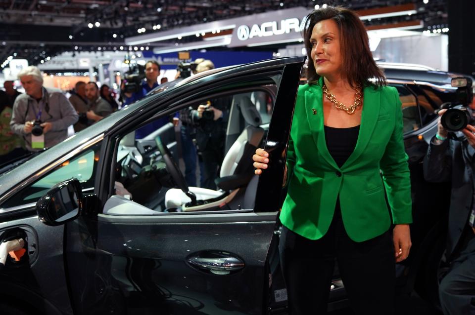 Gretchen Whitmer, newley elected governor of Michigan tours the show during day two of the 2019 The North American International Auto Show January 15, 2019 at the Cobo Center in Detroit, Michigan. (Photo by TIMOTHY A. CLARY / AFP)        (Photo credit should read TIMOTHY A. CLARY/AFP via Getty Images)