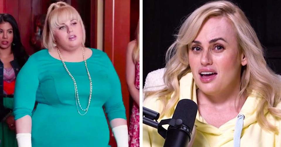 L: Rebel Wilson as Fat Amy in the Pitch Perfect movies. R: Rebel Wilson on Call Her Daddy podcast