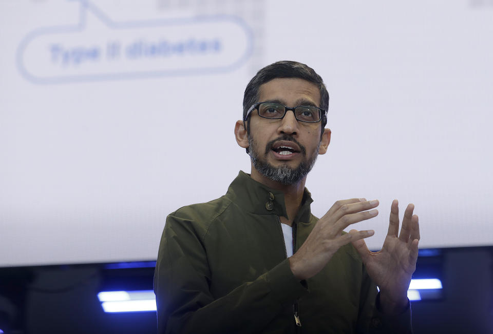 Google CEO Sundar Pichai speaks at the Google I/O conference in Mountain View, Calif., May 8, 2018. (Jeff Chiu/Associated Press)