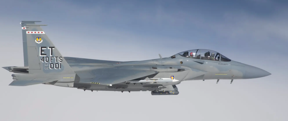 A 40th Flight Test Squadron F-15EX prepares to fire an AIM-120D missile during a Weapons System Evaluation Program mission near Tyndall Air Force Base, Florida, in January 2022. <em>U.S. Air Force photo by Tech. Sgt. John Raven</em>