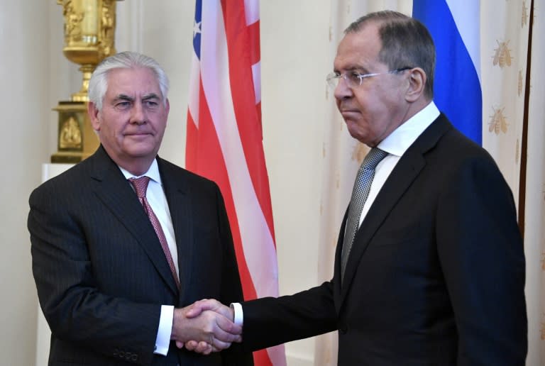 Russian Foreign Minister Sergei Lavrov (right) meets US Secretary of State Rex Tillerson in Moscow in April 2017