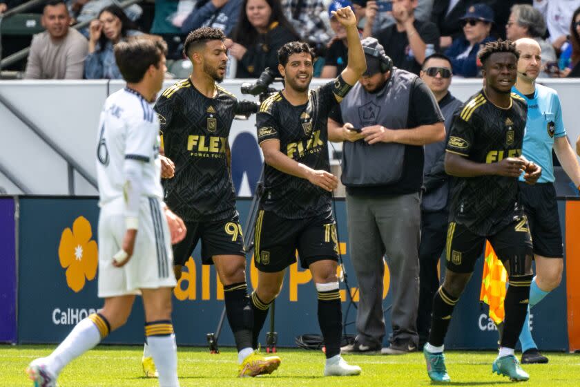 CARSON, CA - APRIL 16: Carlos Vela #10 of Los Angeles FC celebrates his first goal.