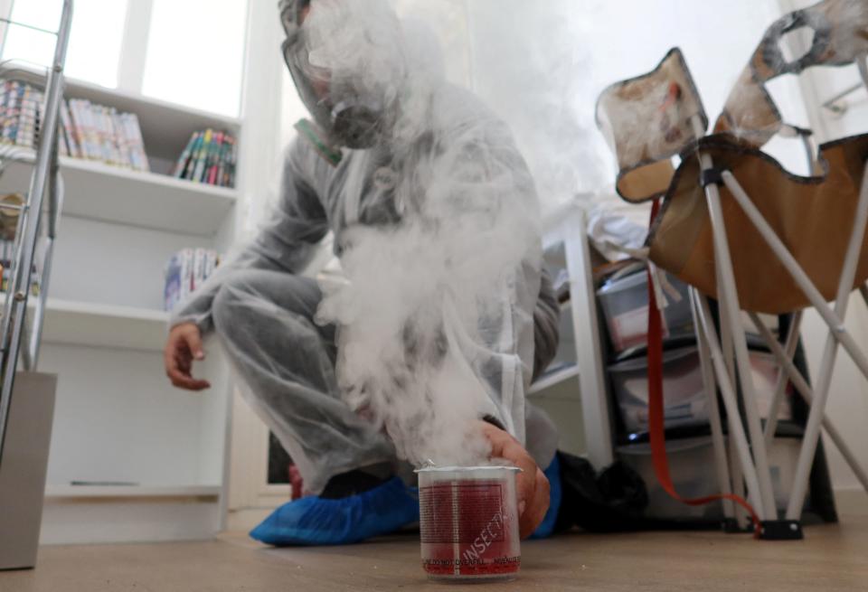 A person treats an apartment against bedbugs in Paris, France.