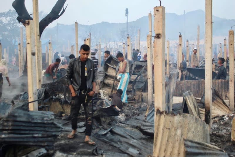 A view of burned houses after a fire broke out at the Nayapara refugee camp in Cox's Bazar
