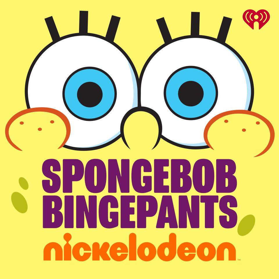 podcast logo of Spongebob Squarepants close up on his eyes and yellow skin with the words spongebob bingepants written in purple letters at the bottom