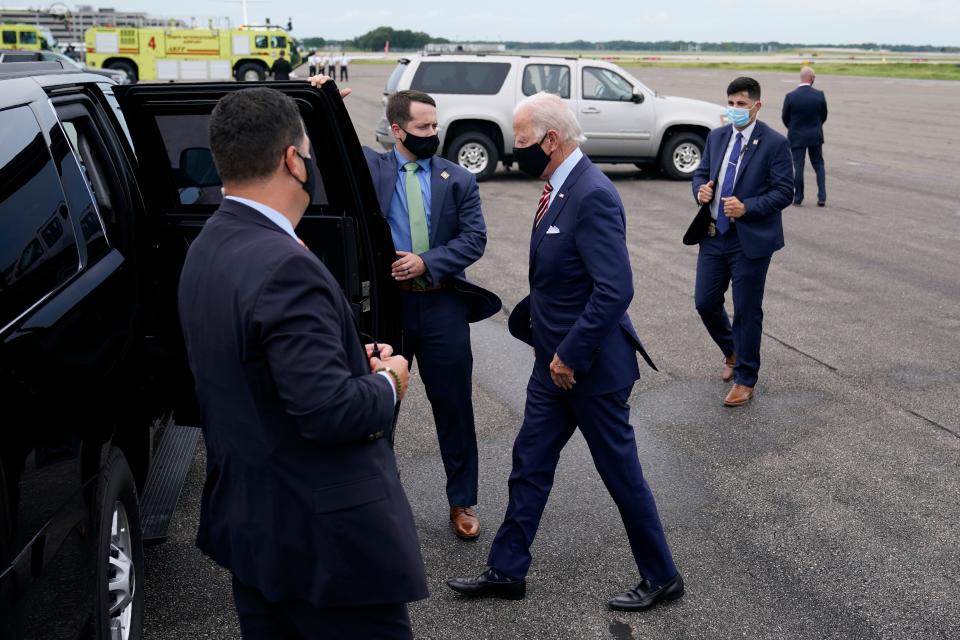 Democratic presidential candidate and former Vice President Joe Biden steps off a plane at Tampa International Airport in Tampa, Florida, on Sept. 15, 2020. Biden is visiting Florida for campaign events.