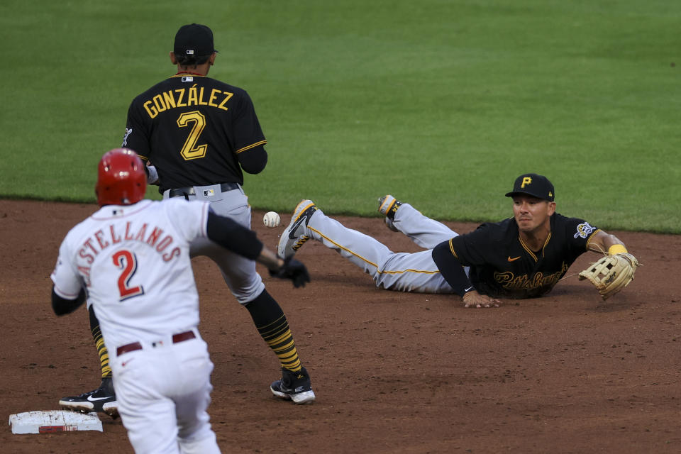 Pittsburgh Pirates' Adam Frazier, right, fields and flips the ball to Erik Gonzalez, center, to force Cincinnati Reds' Nick Castellanos out at second base during the third inning of a baseball game in Cincinnati, Monday, April 5, 2021. (AP Photo/Aaron Doster)