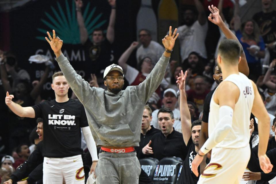 Cavaliers guard Donovan Mitchell reacts near the bench against the Celtics in the second quarter of Game 4 of the Eastern Conference semifinals. He will play the same role for Game 5 in Boston as Mitchell was ruled out for the game.