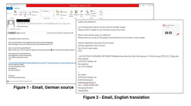 <em>E-mails enviados a organizações da indústria automotiva alemã para instalação de malware que rouba dados, podendo levar ao comprometimento de caixas e sistemas internos (Imagem: Reprodução/Check Point)</em>