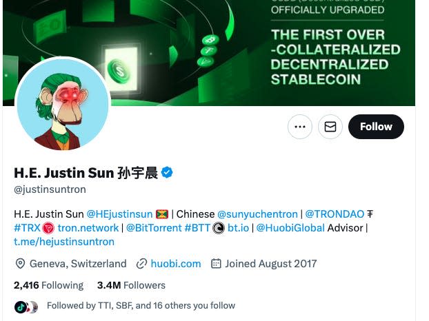 Screengrab of Justin Sun's Twitter page.