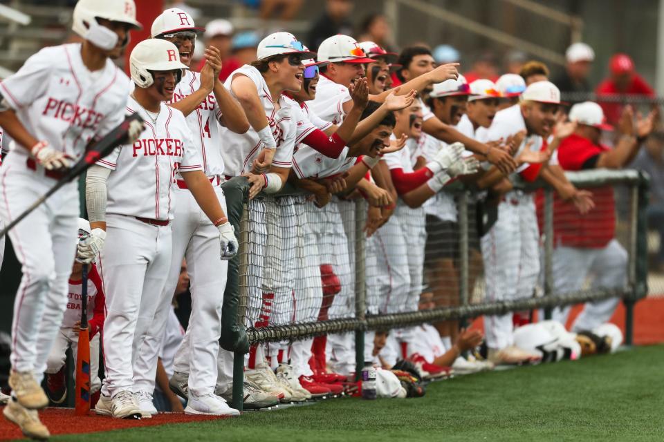 Robstown players cheer during a quarterfinal playoff game against Calallen on Thursday, May 19 at Steve Castro Field. Robstown won the first game of the best of three series on a walk off hit from Chris Soliz.