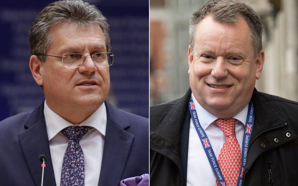 The European Commission's negotiator Maros Sefcovic and Lord Frost. Lord Frost will meet Mr Sefcovic, who was dubbed the "sausage king" by Michael Gove after agreeing the protocol grace periods for chilled meats, in Brussels this week. - PA Wire