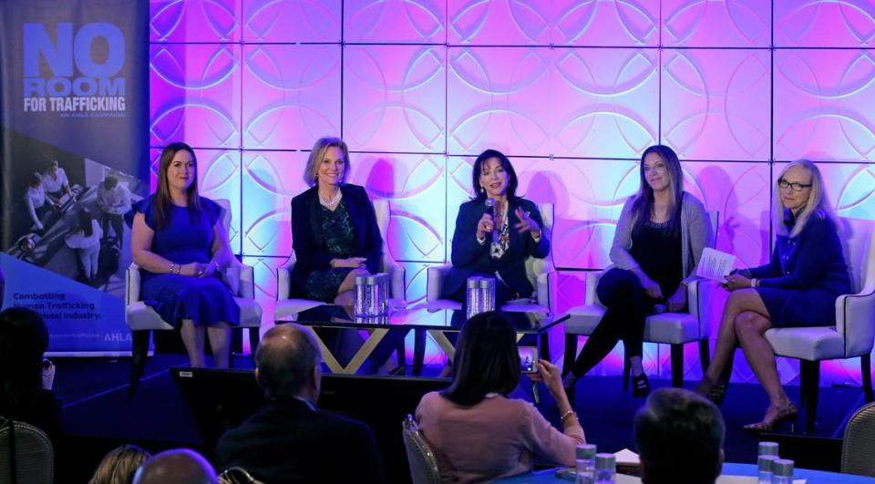 State Attorney Katherine Fernandez Rundle, at center, joins, from left, Mary Rogers, vice president and general manager, Fontainebleau Miami Beach; state Rep. Heather Fitzenhagen; former state Sen. Ellyn Bogdanoff, of the Statewide Council on Human Trafficking; and Carol Dover, president & CEO, Florida Restaurant & Lodging Association, at an anti-trafficking summit ahead of Super Bowl 54.