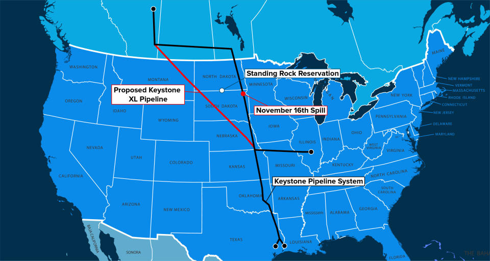 Keystone XL would&nbsp;carry tar sands oil from Canada through Montana and South Dakota to Nebraska, where the conduit would link up to the Keystone Pipeline, which was&nbsp;completed in 2010. The highly pollutive oil would then&nbsp;go to refineries in Texas. (Photo: Map: Getty Images / Graphics: Ji Sub Jeong/Huffpost)