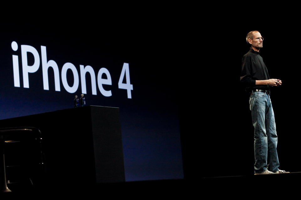 Apple chief executive Steve Jobs introduces the iPhone 4 during the keynote address at the Apple Worldwide Developers Conference in San Francisco on June 7, 2010. Jobs showed off the next-generation iPhone that features the ability to shoot and edit high-definition quality video and a crisp higher-resolution screen.       AFP PHOTO/Ryan Anson (Photo credit should read Ryan Anson/AFP via Getty Images)