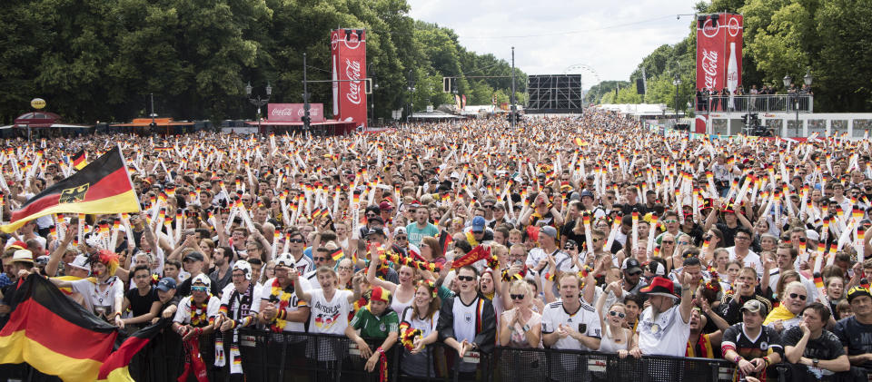 <p>Thousands of German fans at the fan mile in Berlin watch their side face South Korea </p>