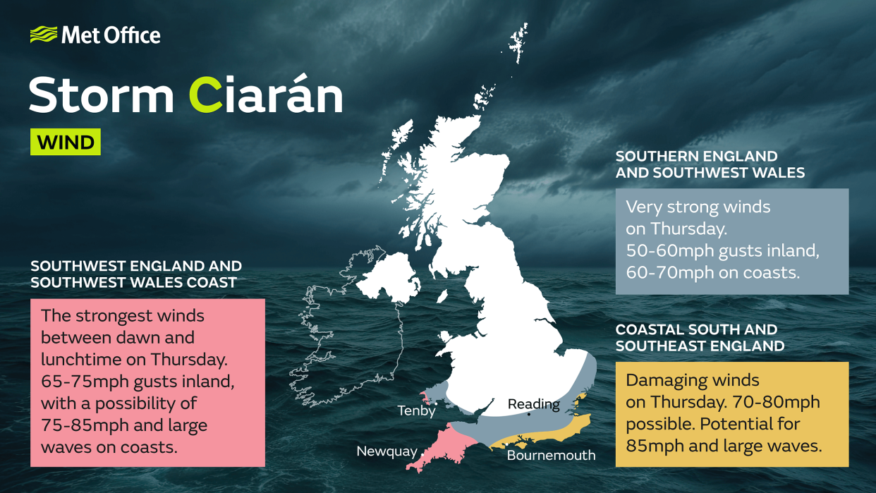 Wind forecast on Thursday as Storm Ciaran arrives (Met Office)