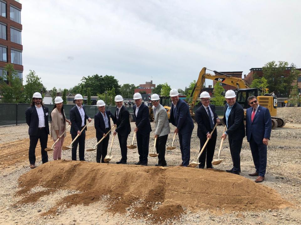 Morristown officials, along with representatives from Sanofi, SJP Properties and Scotto Properties, shovel dirt during a groundbreaking ceremony for the new Sanofi building at M Station West on Morris Street Wednesday, June 21, 2023.