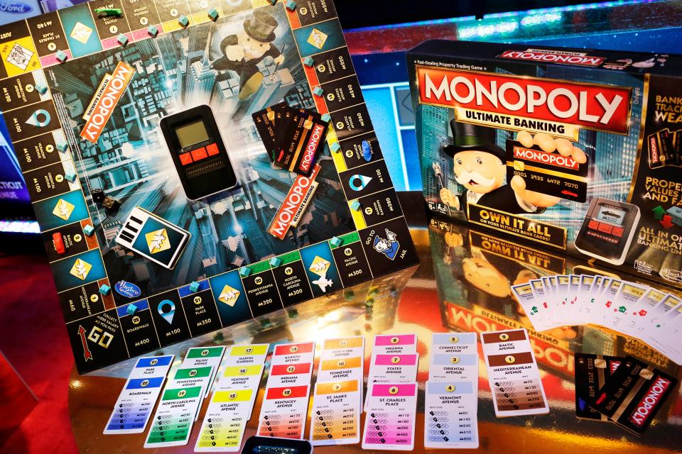 The Monopoly Ultimate Banking Game from Hasbro is displayed at the Toy Fair in New York in 2016.