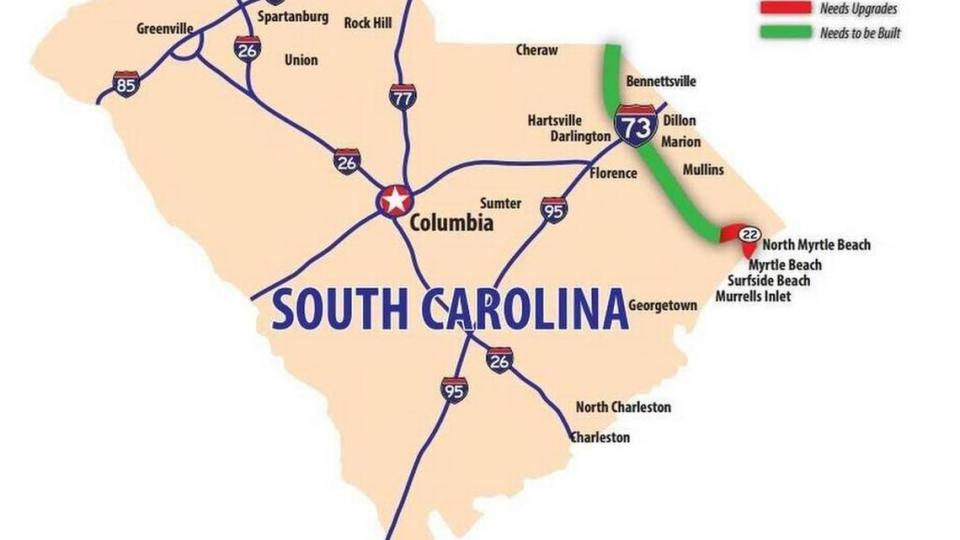 Interstate 73 would cross through eastern South Carolina. Funding the proposed road remains an issue.