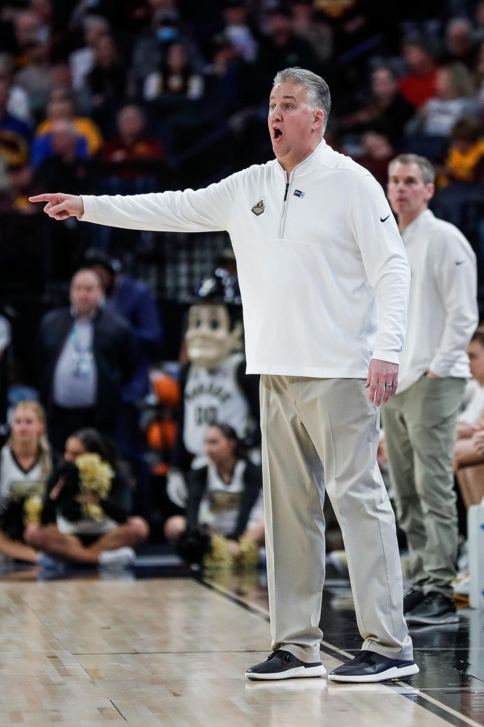 Purdue head coach Matt Painter reacts to a play against Michigan State during the second half of the quarterfinals in the Big Ten tournament at Target Center in Minneapolis, Minn. on Friday, March 15, 2024.