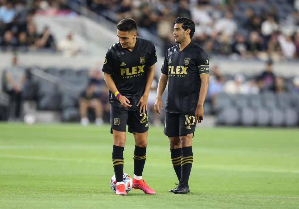 The health and form of Carlos Vela (right), along with the bounceback of Eduard Atuesta, will help define LAFC's future in 2022 and beyond. (Photo by Jevone Moore/Icon Sportswire via Getty Images)