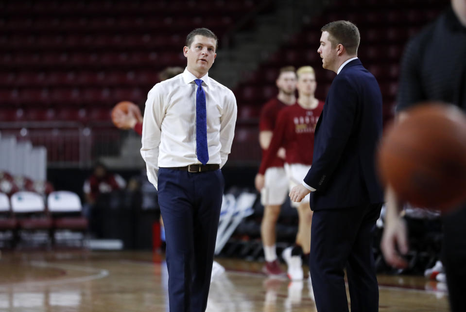 CHESTNUT HILL, MA - NOVEMBER 27: Saint Louis Billikens assistant coach Ford Stuen and director of basketball operations Michael Wilson before a game between the Boston College Eagles and the Saint Louis Billikens on November 27, 2019, at Conte Forum in Chestnut Hill, Massachusetts. (Photo by Fred Kfoury III/Icon Sportswire via Getty Images)