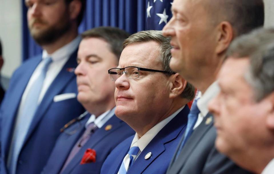 N.C. House Speaker Tim Moore listens during a press conference Wednesday, March 29, 2023, where he and the House Republican budget chairs talked about their state budget proposal.