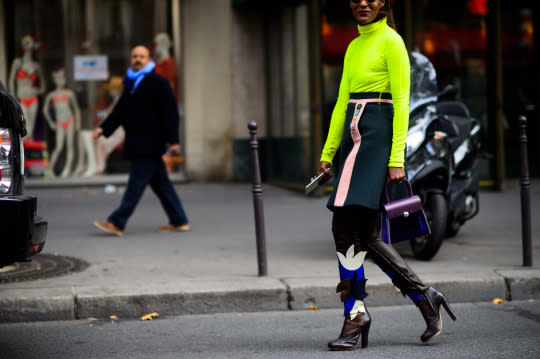 Neon green with forest green — On the street.