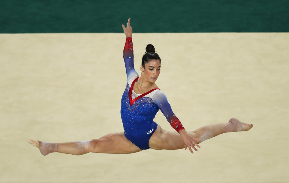 Raisman competing in the floor exercise final at the Rio de Janeiro Olympics in 2016. She took home silver. (Ian MacNicol / Getty Images)