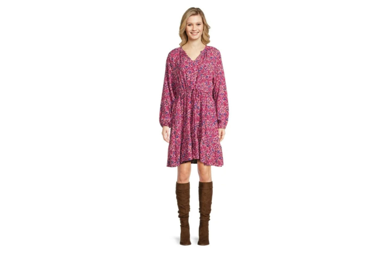 Time and Tru Women's Drawstring Mini Dress with Long Sleeves